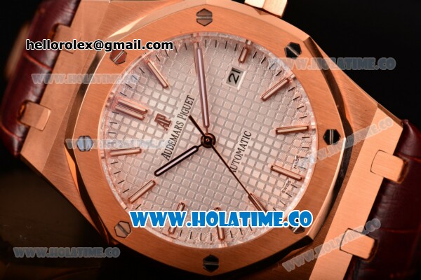 Audemars Piguet Royal Oak 41MM Clone AP Calibre 3120 Automatic Rose Gold Case with White Dial Brown Leather Strap - Stick Markers (EF) - Click Image to Close